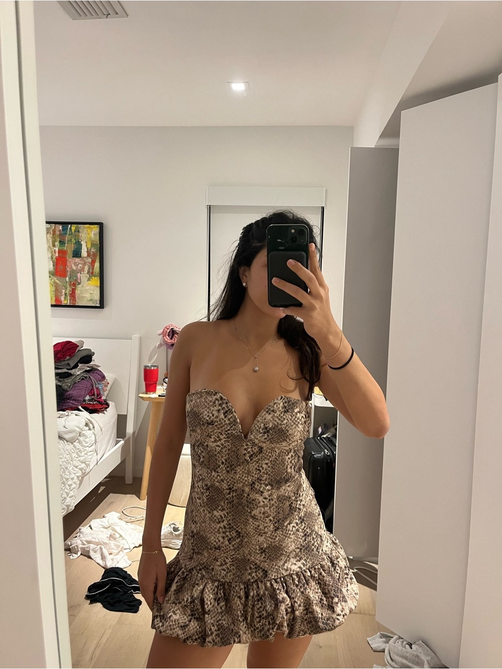 Strapless Snake-Print Mini Dress in Neutral Tones